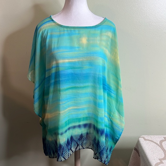 Chico's Vibrant Blue and Yellow Poncho top, semi sheer, size small/ medium - Picture 1 of 14